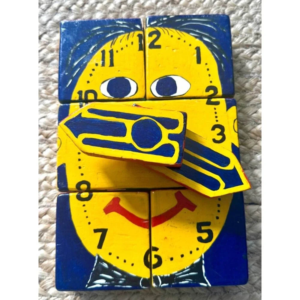 Vintage Wood 3D Puzzle Hand Made Alphabet Numbers Clock UNIQUE Folk Art